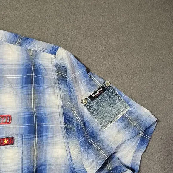 VTG Bugle Boy Hawaiian Shirt L Blue Floral Short Sleeve Y2K 1990s Shell Button - Picture 3 of 13